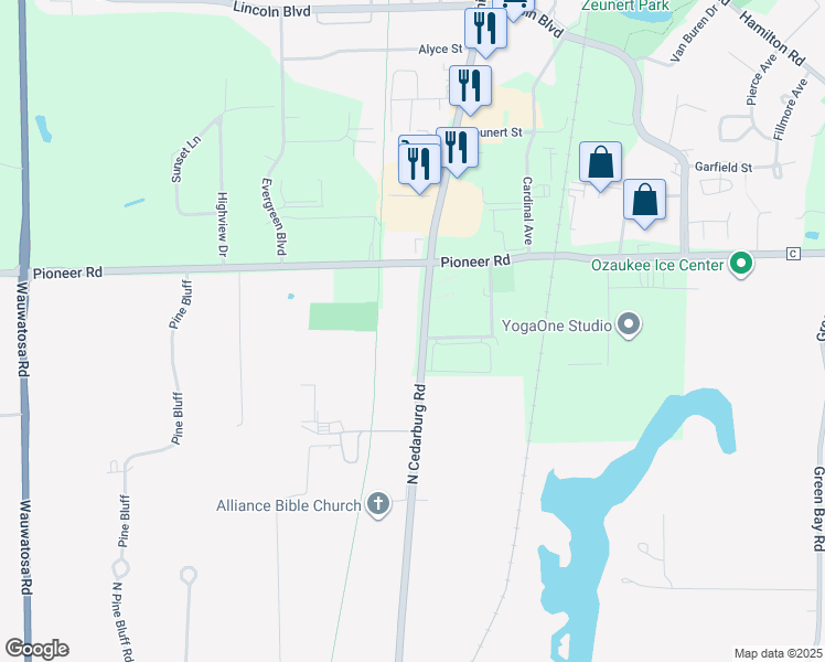 map of restaurants, bars, coffee shops, grocery stores, and more near W63 N14332 Washington Avenue in Cedarburg