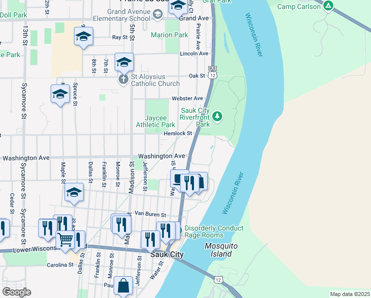 map of restaurants, bars, coffee shops, grocery stores, and more near 314 Washington Street in Sauk City