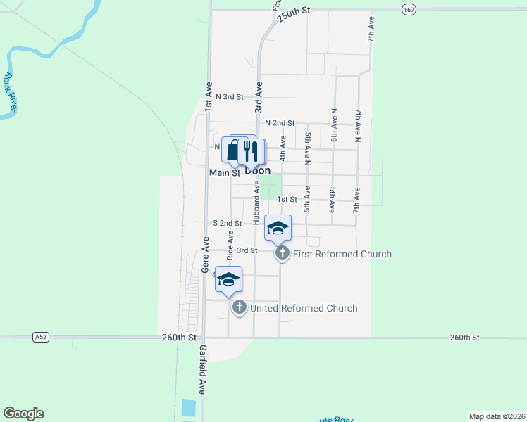 map of restaurants, bars, coffee shops, grocery stores, and more near 1st Street in Doon