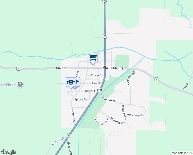 map of restaurants, bars, coffee shops, grocery stores, and more near 1115 Clover St in Plain