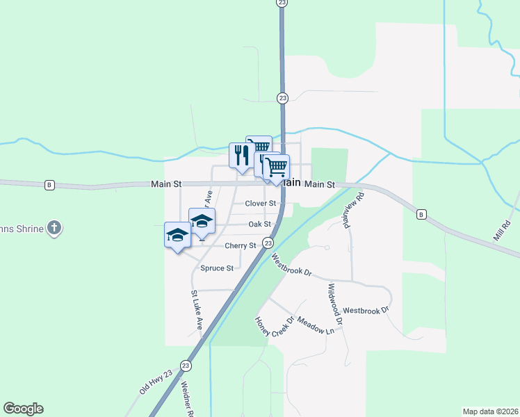 map of restaurants, bars, coffee shops, grocery stores, and more near 1115 Clover St in Plain