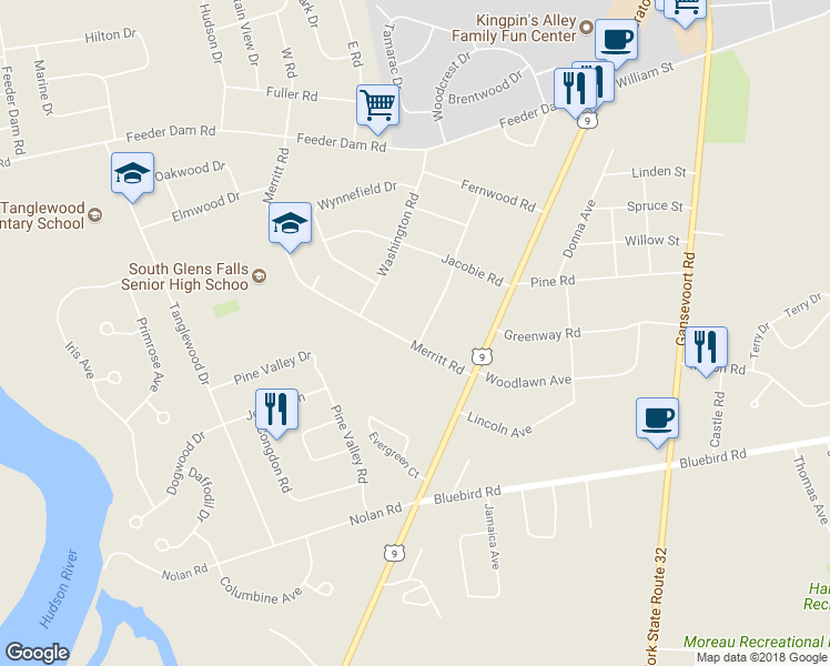 map of restaurants, bars, coffee shops, grocery stores, and more near 13 Merritt Road in South Glens Falls
