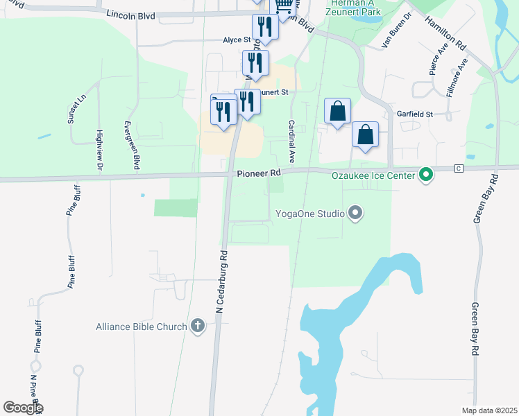 map of restaurants, bars, coffee shops, grocery stores, and more near W6262 Concord Street in Cedarburg
