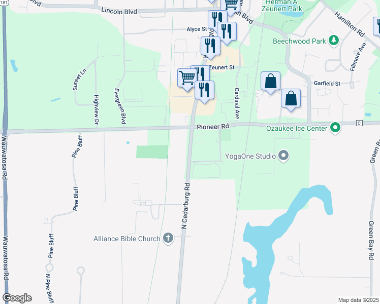 map of restaurants, bars, coffee shops, grocery stores, and more near Layton Street in Cedarburg