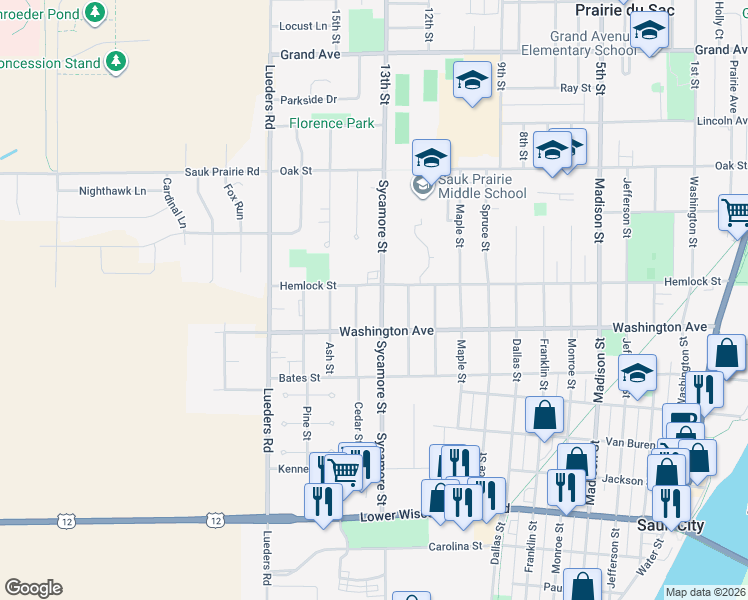 map of restaurants, bars, coffee shops, grocery stores, and more near 309 Sycamore St in Sauk City