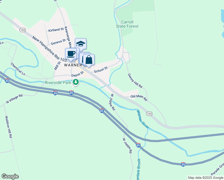 map of restaurants, bars, coffee shops, grocery stores, and more near New Hampshire Route 103 in Warner