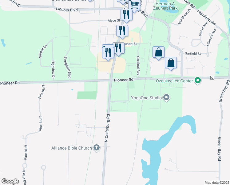 map of restaurants, bars, coffee shops, grocery stores, and more near W63 N14332 Washington Avenue in Cedarburg