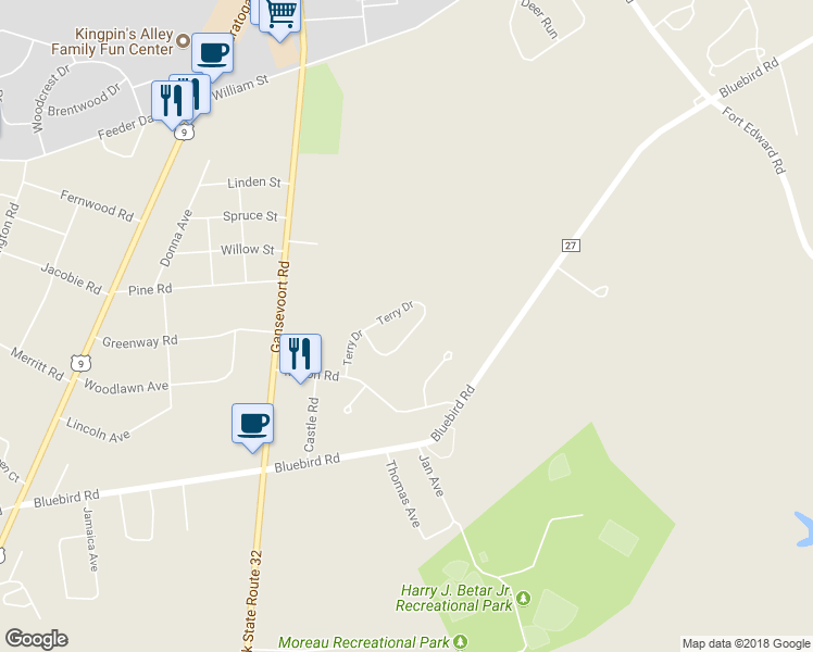 map of restaurants, bars, coffee shops, grocery stores, and more near 19 Terry Drive in South Glens Falls