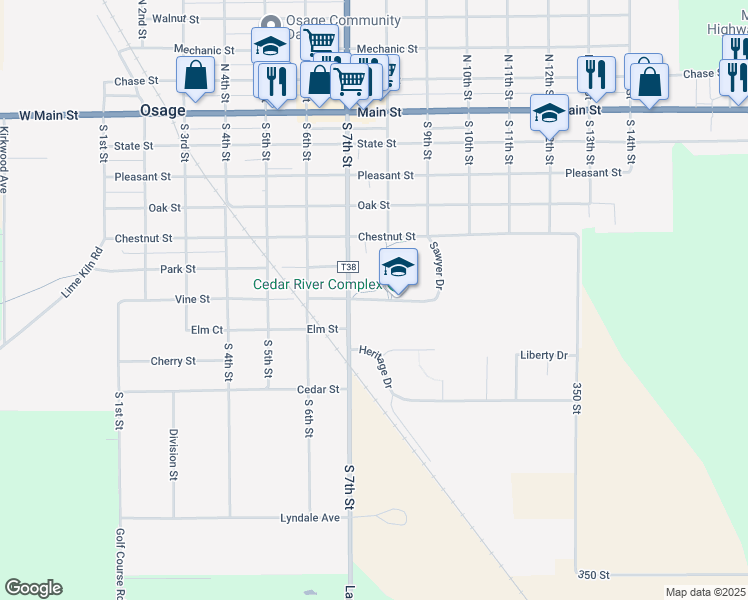 map of restaurants, bars, coffee shops, grocery stores, and more near 836 Sawyer Drive in Osage