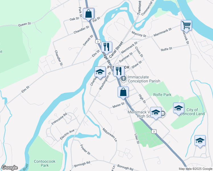 map of restaurants, bars, coffee shops, grocery stores, and more near 31 Washington Street in Concord