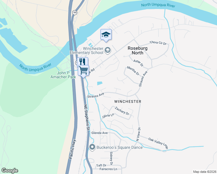 map of restaurants, bars, coffee shops, grocery stores, and more near 176 La Quinta Court in Roseburg North
