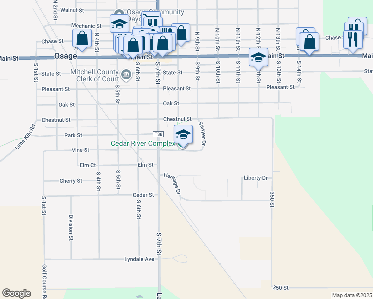 map of restaurants, bars, coffee shops, grocery stores, and more near 836 Sawyer Drive in Osage
