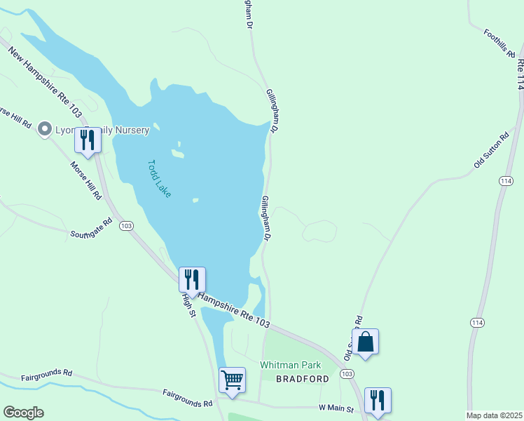 map of restaurants, bars, coffee shops, grocery stores, and more near 114-172 Gillingham Dr in Newbury