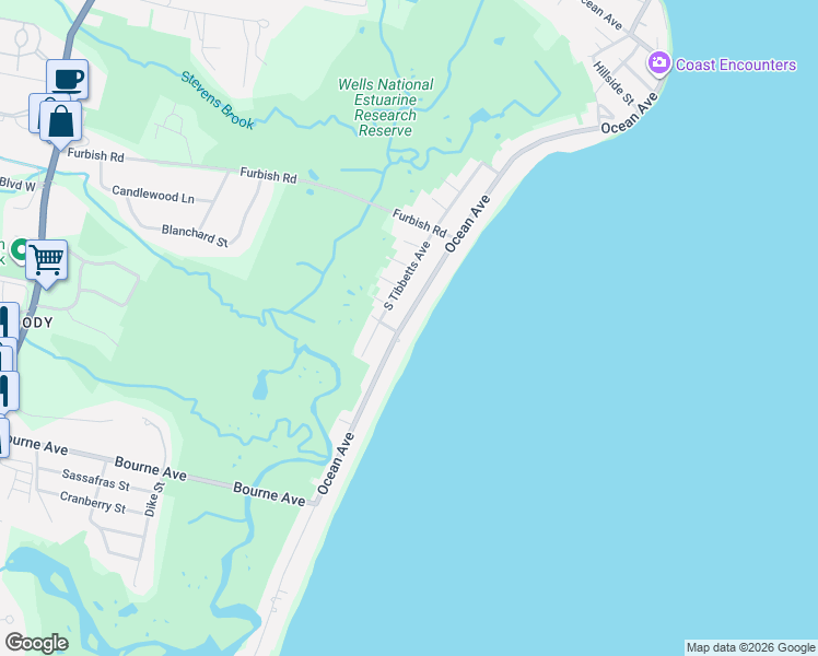 map of restaurants, bars, coffee shops, grocery stores, and more near 341 Ocean Avenue in Wells