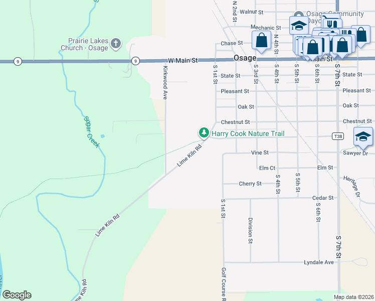 map of restaurants, bars, coffee shops, grocery stores, and more near 603-899 Lime Kiln Road in Osage
