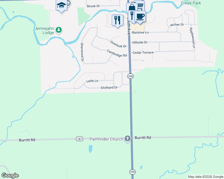 map of restaurants, bars, coffee shops, grocery stores, and more near 38 Stothard Drive in Hilton