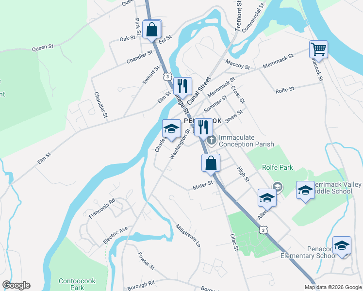 map of restaurants, bars, coffee shops, grocery stores, and more near 31 Washington Street in Concord