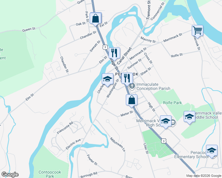 map of restaurants, bars, coffee shops, grocery stores, and more near 26 Washington Street in Concord