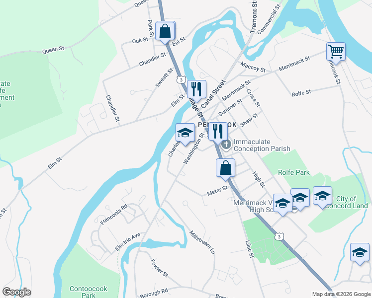 map of restaurants, bars, coffee shops, grocery stores, and more near 26 Washington Street in Concord