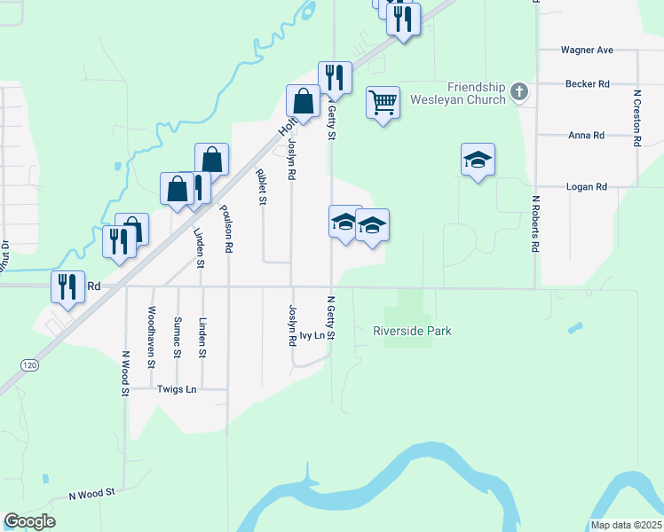 map of restaurants, bars, coffee shops, grocery stores, and more near 1404 North Getty Street in North Muskegon