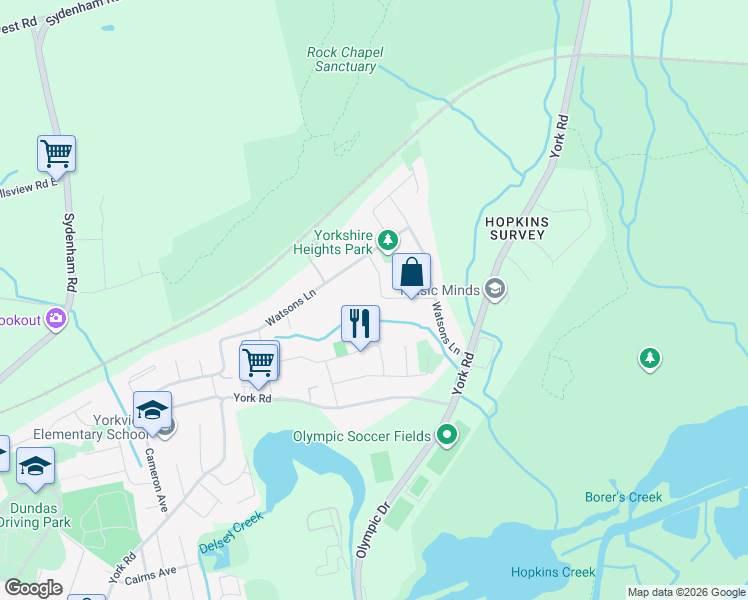 map of restaurants, bars, coffee shops, grocery stores, and more near 30 Ravine Drive in Hamilton