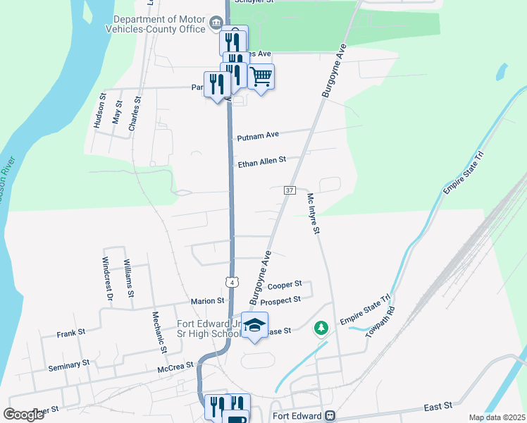 map of restaurants, bars, coffee shops, grocery stores, and more near 1099 Burgoyne Avenue in Fort Edward