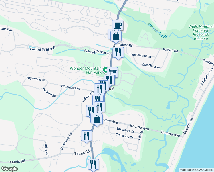 map of restaurants, bars, coffee shops, grocery stores, and more near 1 Old County Road in Wells