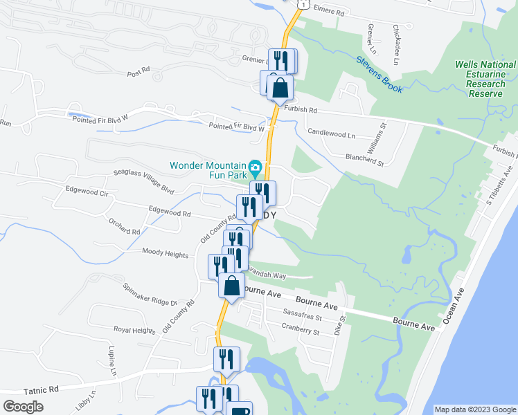 map of restaurants, bars, coffee shops, grocery stores, and more near 1 Old County Road in Wells