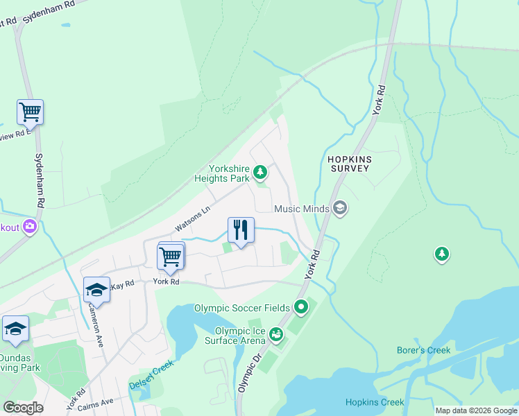 map of restaurants, bars, coffee shops, grocery stores, and more near 15 Ravine Drive in Hamilton