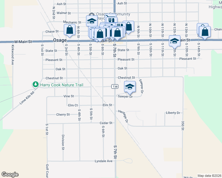 map of restaurants, bars, coffee shops, grocery stores, and more near 500-598 South 7th Street in Osage
