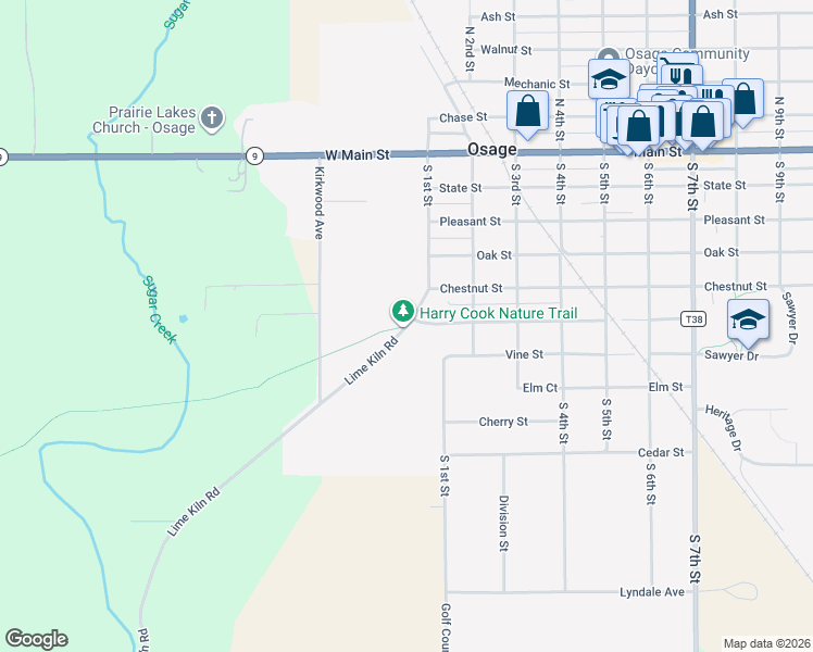 map of restaurants, bars, coffee shops, grocery stores, and more near 603 Lime Kiln Road in Osage