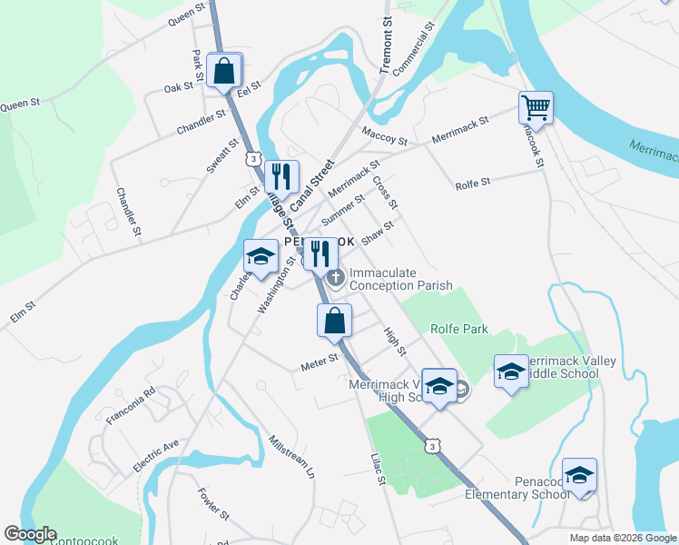 map of restaurants, bars, coffee shops, grocery stores, and more near 14 Shaw Street in Concord