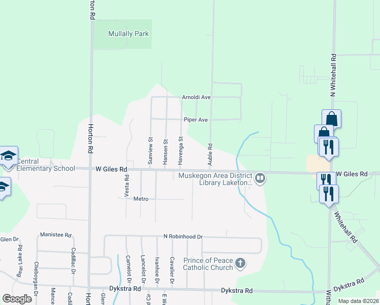 map of restaurants, bars, coffee shops, grocery stores, and more near 1472 Havenga Street in Muskegon