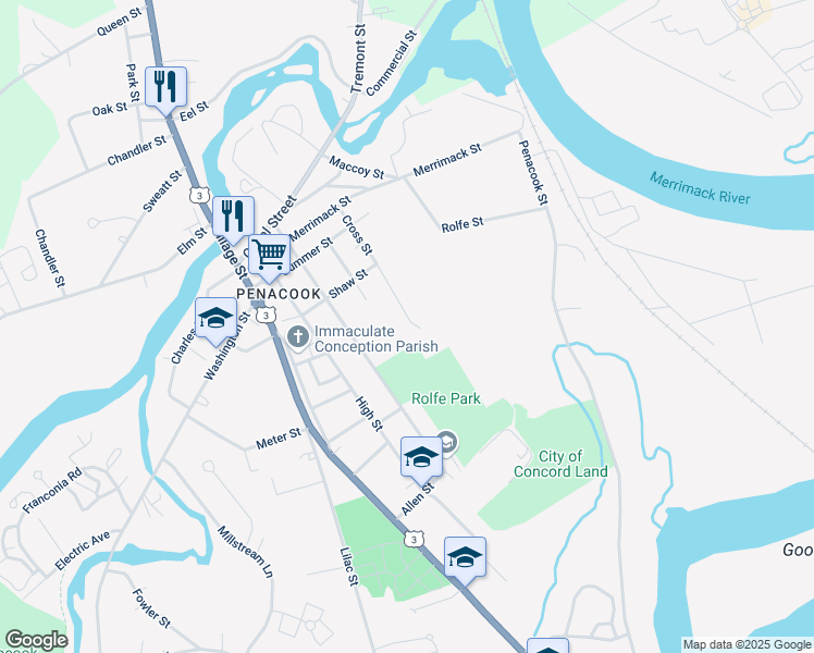 map of restaurants, bars, coffee shops, grocery stores, and more near 50 Cross Street in Concord