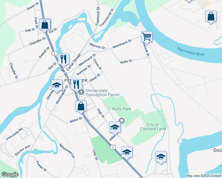 map of restaurants, bars, coffee shops, grocery stores, and more near 50 Cross Street in Concord