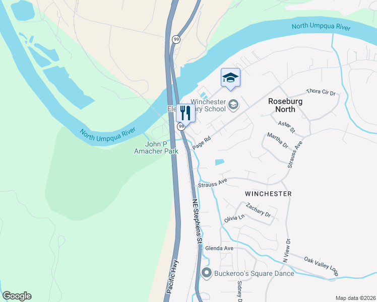 map of restaurants, bars, coffee shops, grocery stores, and more near 5621 Northeast Stephens Street in Roseburg North