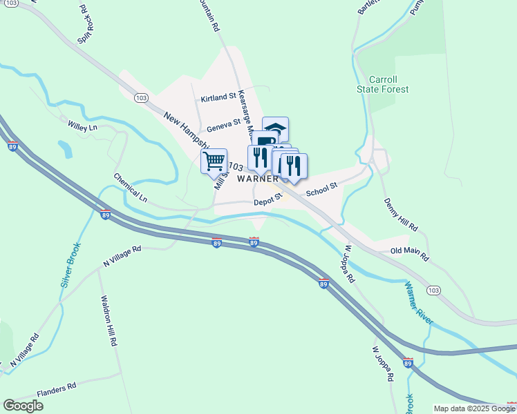map of restaurants, bars, coffee shops, grocery stores, and more near 16 Depot Street in Warner