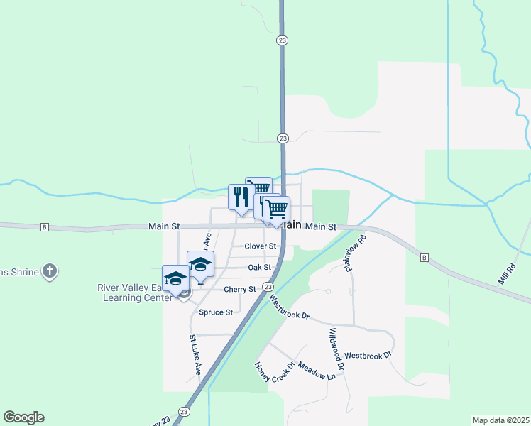 map of restaurants, bars, coffee shops, grocery stores, and more near 1065 Cedar Street in Plain
