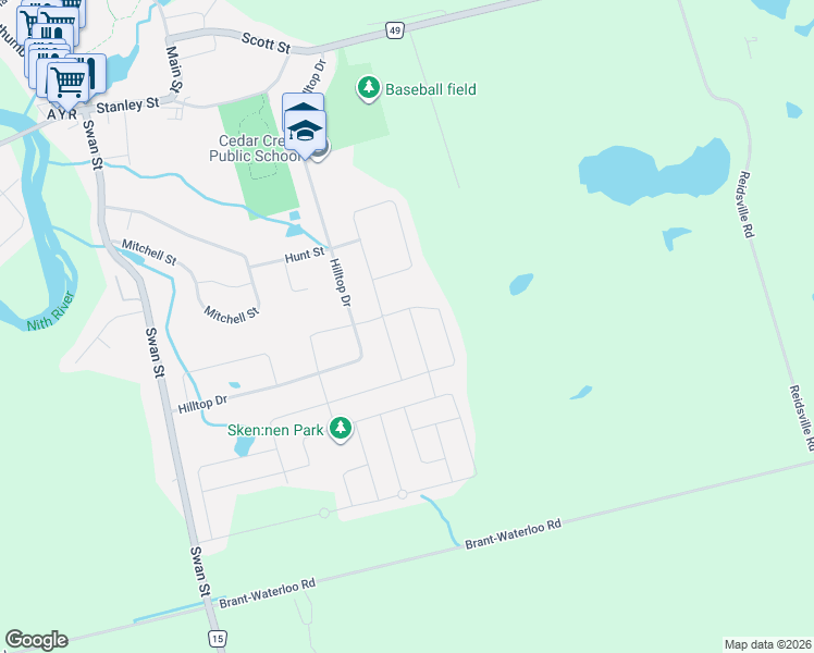 map of restaurants, bars, coffee shops, grocery stores, and more near 12 Freer Drive in North Dumfries