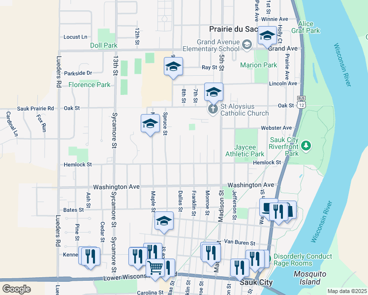 map of restaurants, bars, coffee shops, grocery stores, and more near 226 Dallas Street in Sauk City