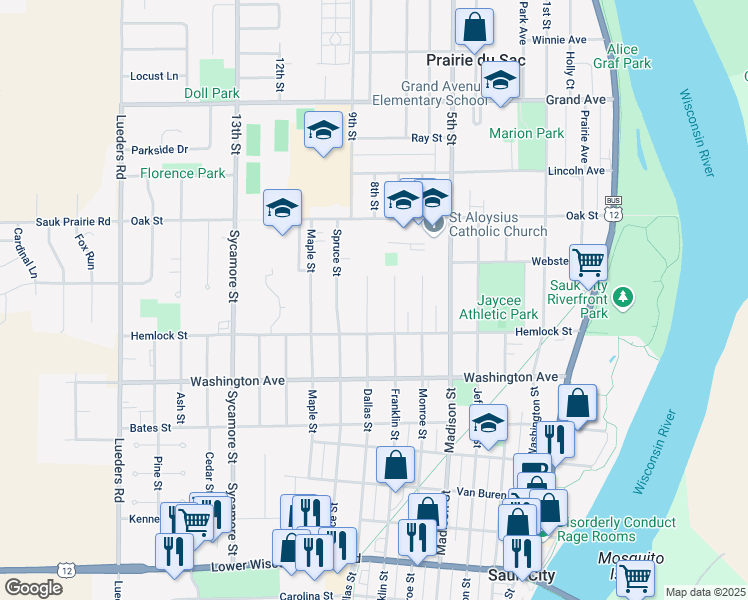 map of restaurants, bars, coffee shops, grocery stores, and more near 226 Dallas Street in Sauk City