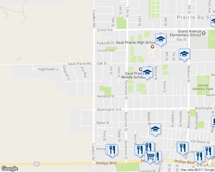 map of restaurants, bars, coffee shops, grocery stores, and more near 241 Ash Street in Sauk City