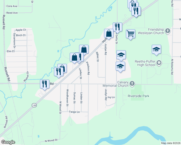map of restaurants, bars, coffee shops, grocery stores, and more near 1491 Riblet Road in Muskegon