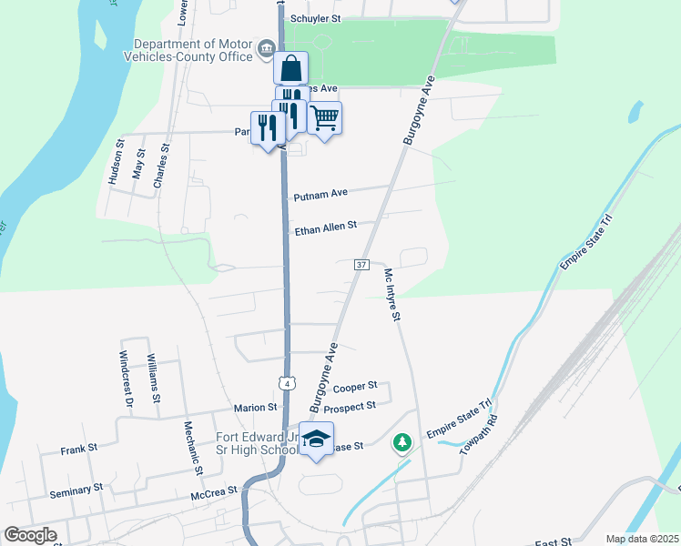 map of restaurants, bars, coffee shops, grocery stores, and more near 1099 Burgoyne Avenue in Fort Edward