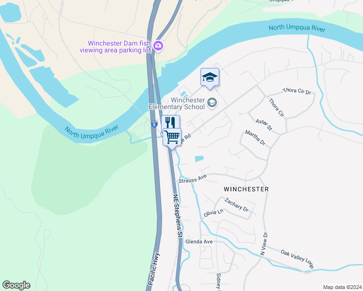 map of restaurants, bars, coffee shops, grocery stores, and more near 324 Village Drive in Roseburg North