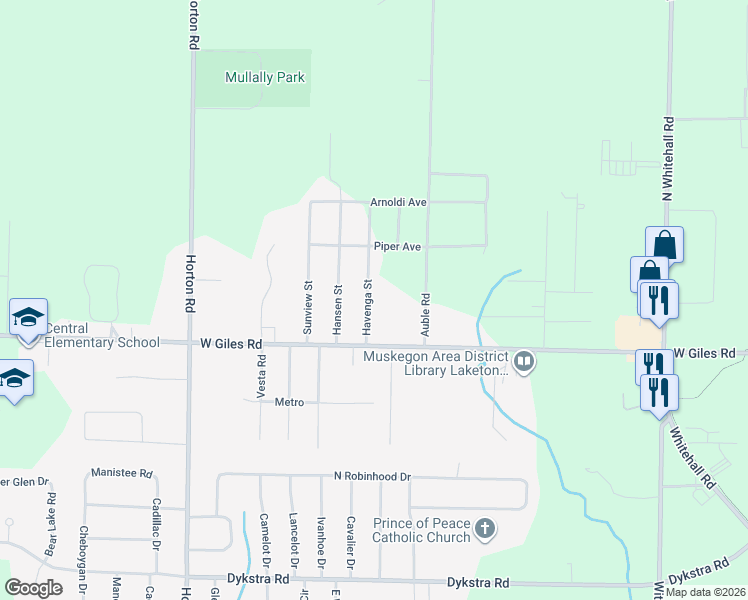 map of restaurants, bars, coffee shops, grocery stores, and more near 1472 Havenga Street in Muskegon
