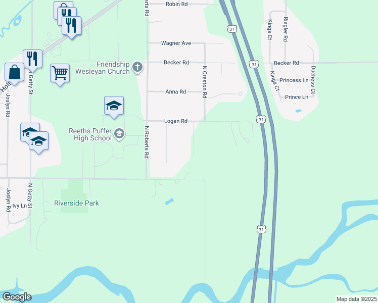 map of restaurants, bars, coffee shops, grocery stores, and more near 1501 Wildwood Drive in Muskegon