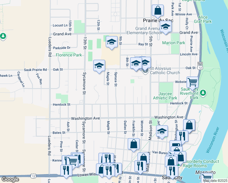 map of restaurants, bars, coffee shops, grocery stores, and more near 225 Spruce Street in Sauk City
