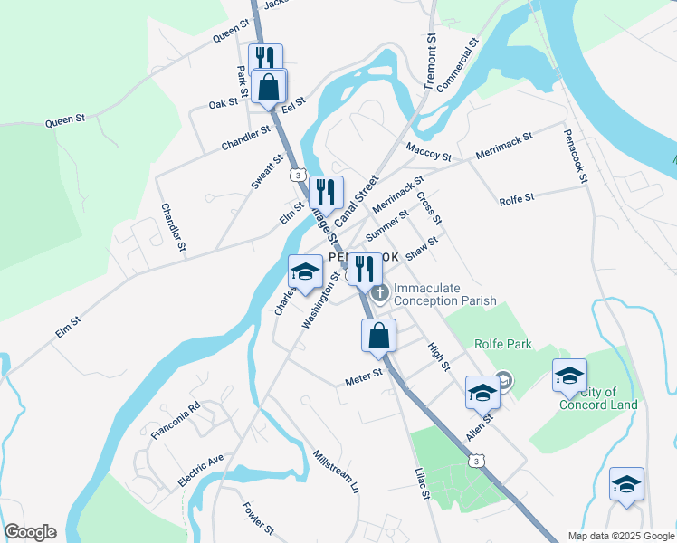 map of restaurants, bars, coffee shops, grocery stores, and more near 12-14 Washington Street in Concord