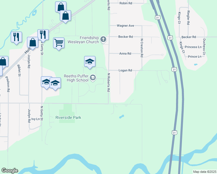 map of restaurants, bars, coffee shops, grocery stores, and more near 1500 North Roberts Road in Muskegon